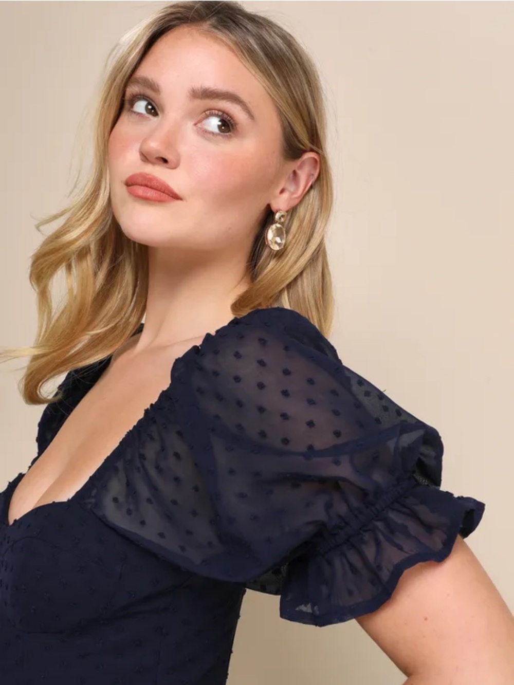 NWT Lulus Flawless Elegance Navy Swiss Dot Puff Sleeve Bustier Midi Dress L - Picture 3 of 16
